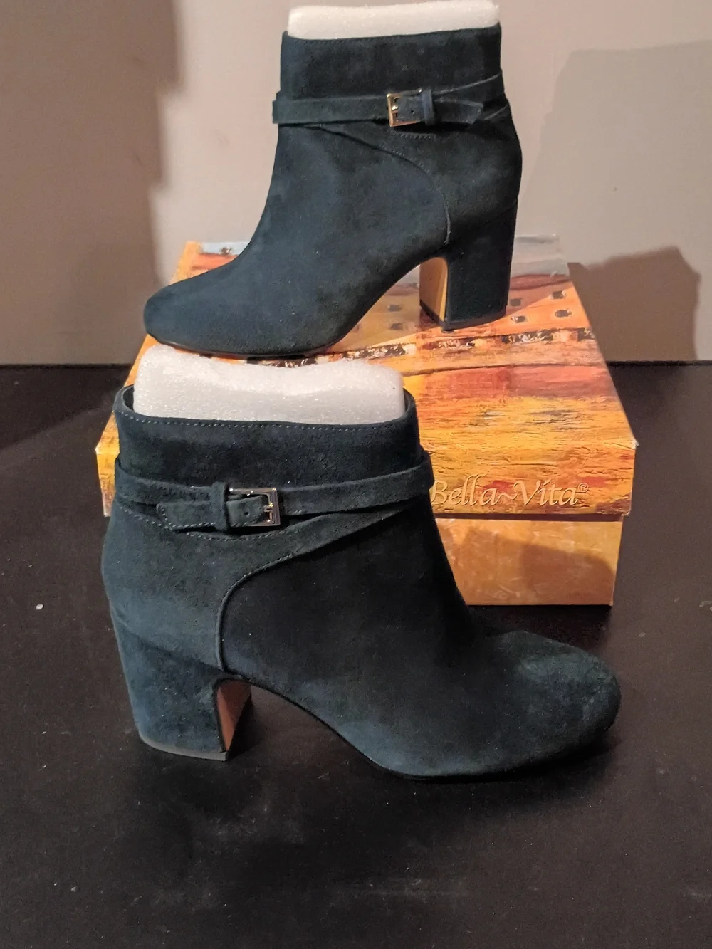 Bella Vita Dark Green Suede Ankle Boots with Block Heel